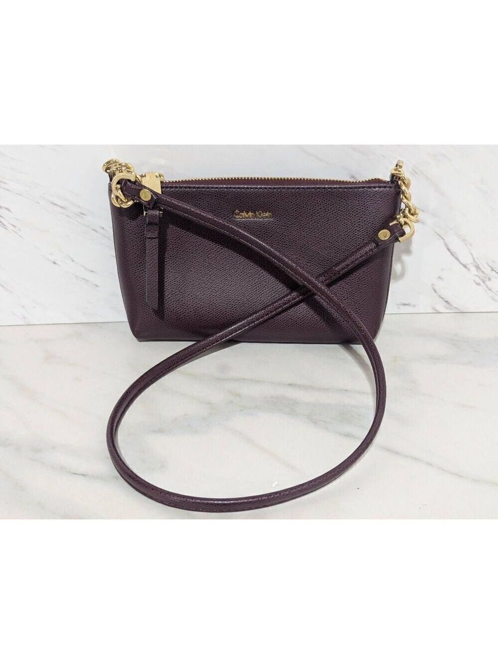 Calvin Klein Women's Burgundy & Gold Hardware Cross Body Zip Top Pouch Bag